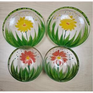 Vintage 2 Plates & 2 Bowls Reverse Hand-Painted Flowers on Clear Textured Glass